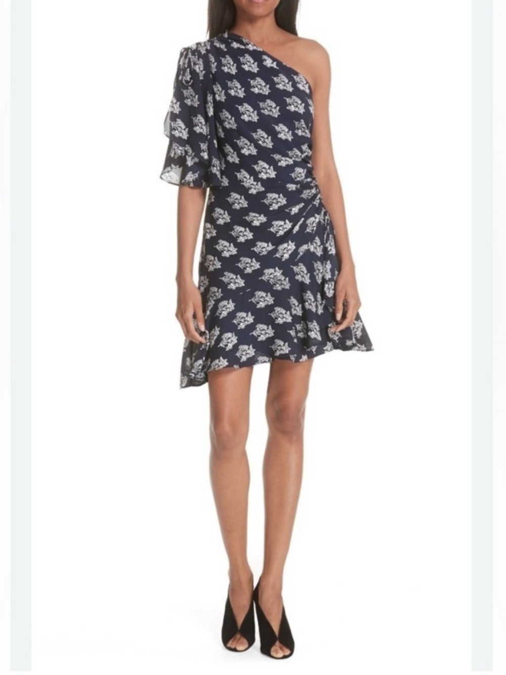 A.L.C. Misha Navy One-Shoulder Floral Ruffle Silk Dress